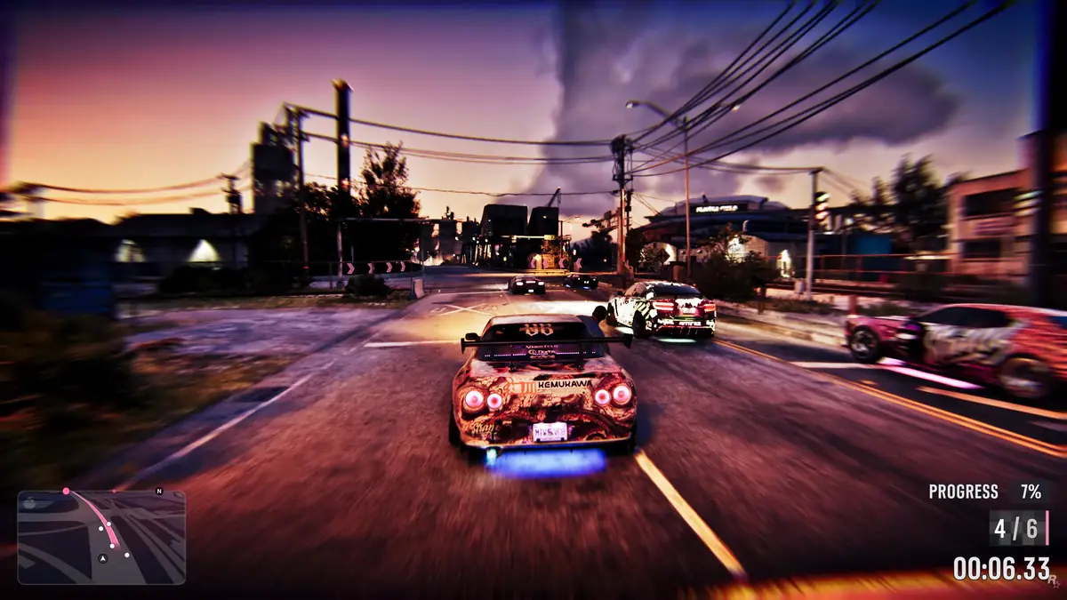 GTA6 スポーツカーでストリートレースしている様子