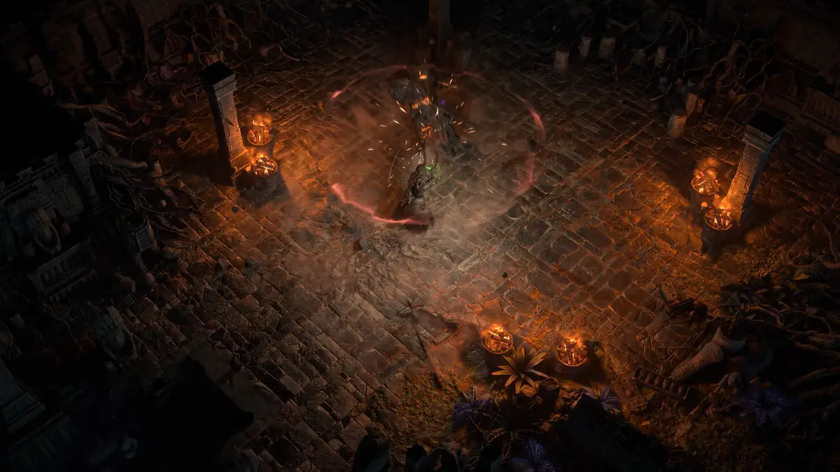 Path of Exile 2 gamescom2026トレイラーより、炎の魔法陣のようなスキルエフェクトが発動する場面