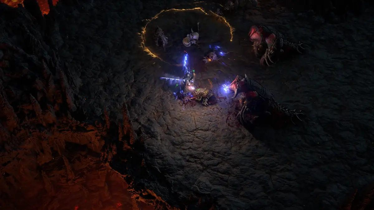 Path of Exile 2で複数の敵モンスターと戦うバトルシーン
