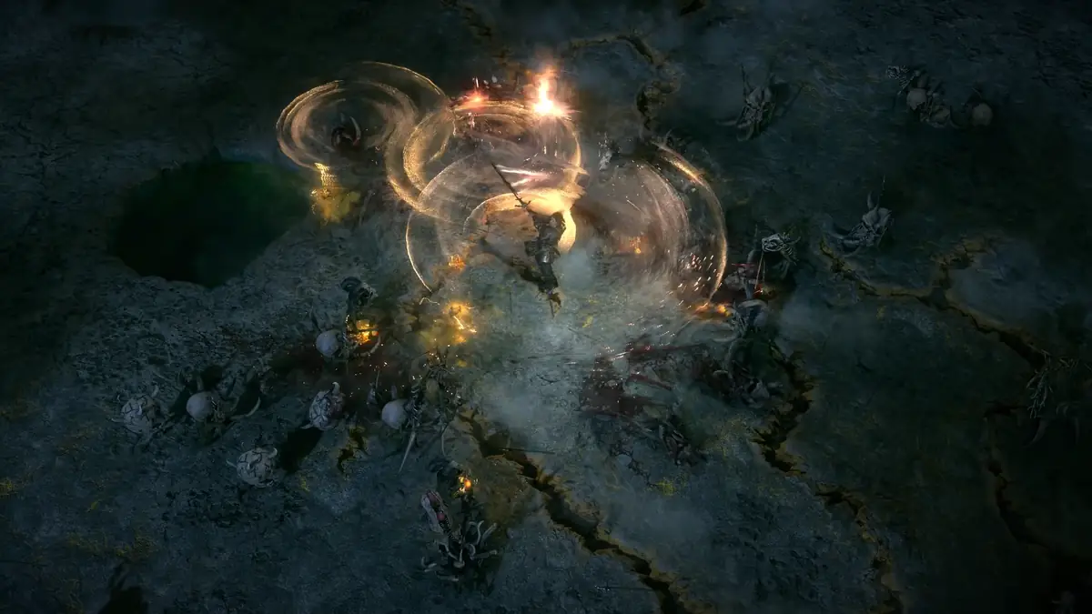 Path of Exile 2 gamescom2026トレイラーより、薄暗いダンジョンで敵と戦闘するゲーム画面